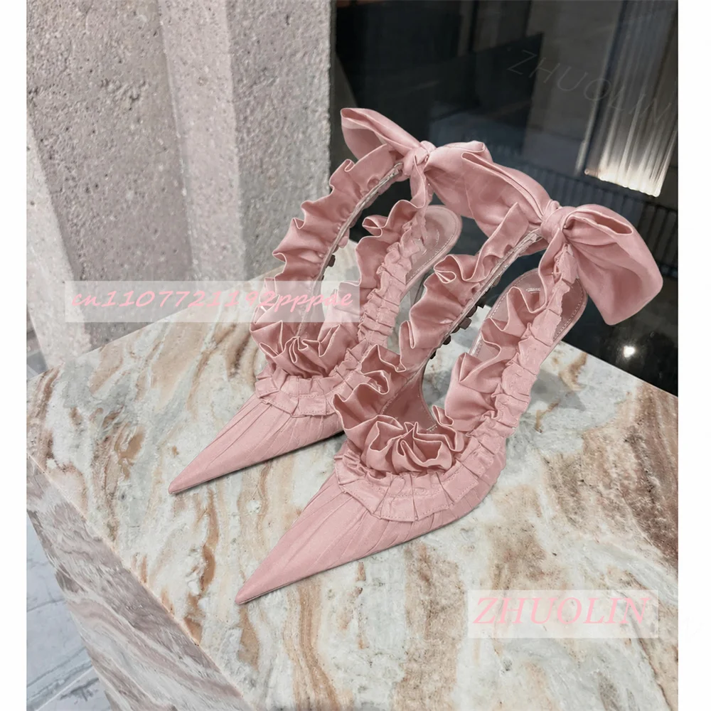 Pink Satin Pointed Stiletto Pumps Ruffle Trim Back Bow Ankle Strap High Heels Women Wedding Elegant Formal Fashion Footwear 46