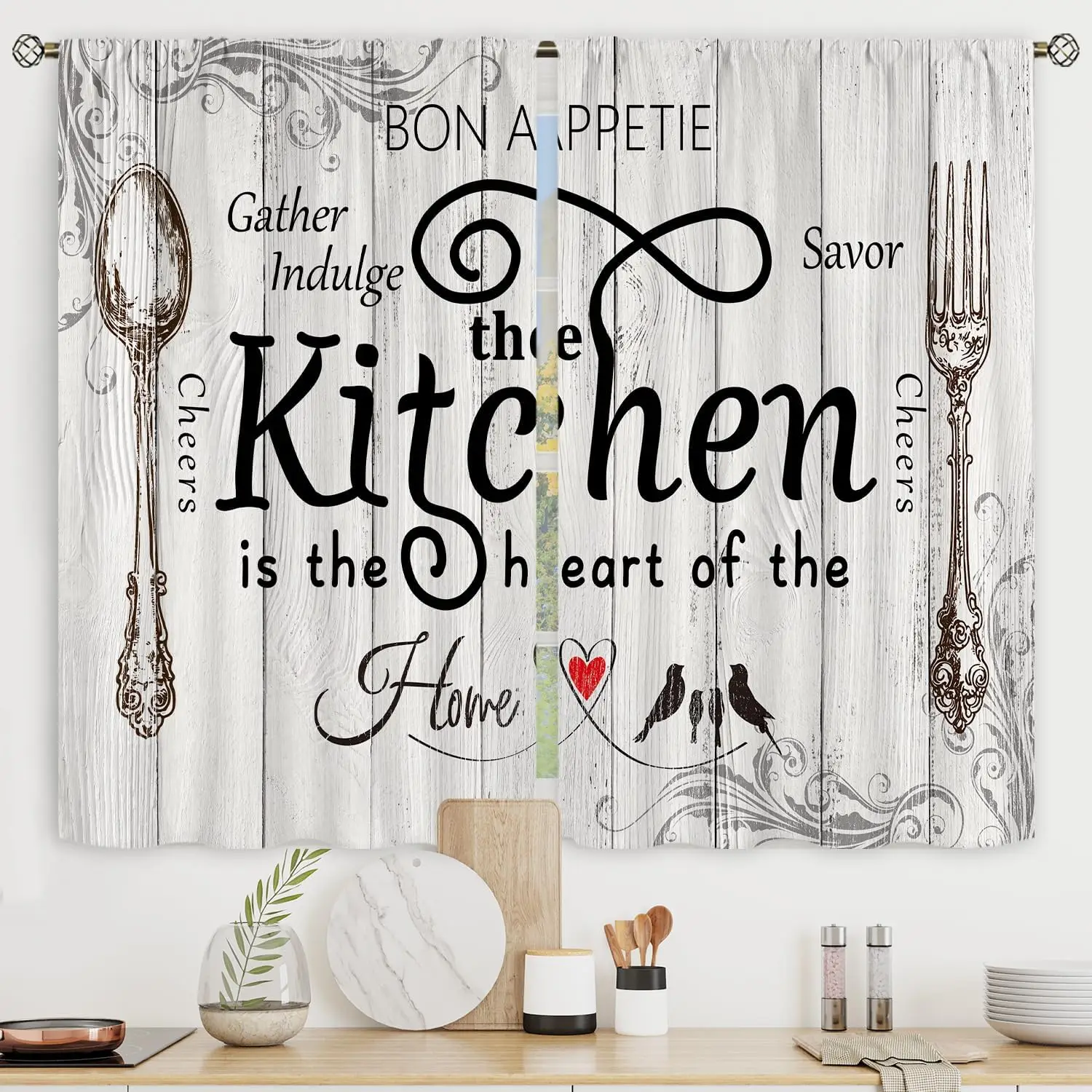 Kitchen Curtains Rustic Farmhouse Rod Pocket Country Short Small Barn Fork and Spoon Wooden Wood Plank Board Vintage Printed