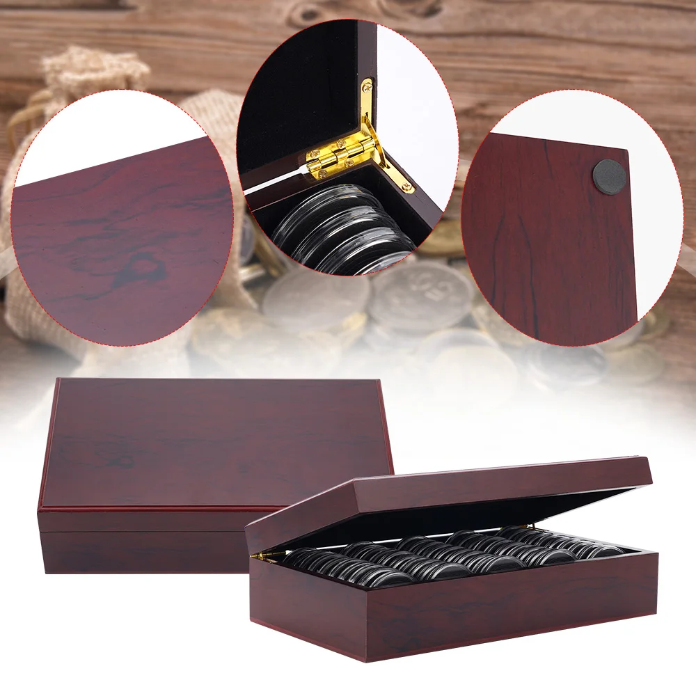 50PCS Wooden Coin Collection Box With Inner Pad 16/20/25/27/30/38MM For Stamp Zodiac  Banknote Storage Commemoration Collect Box