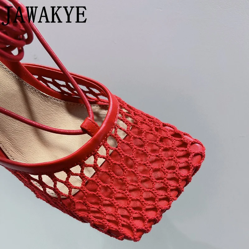 Runway Brand Air Mesh Sandals Women High Heel Sexy Ankle Strap Square Toe Female Mules High Quality Luxury Ladies Party Shoes