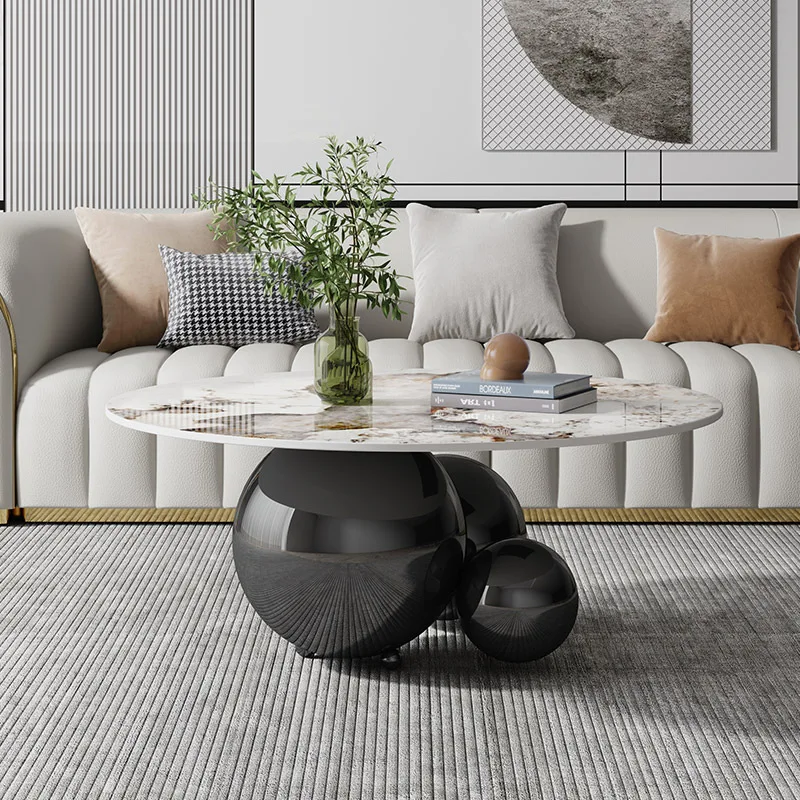 Italian Minimalist StonePlateCoffeeTable Small Apartment Living Room Shaped round Stainless Steel Creative Trending Coffee Table