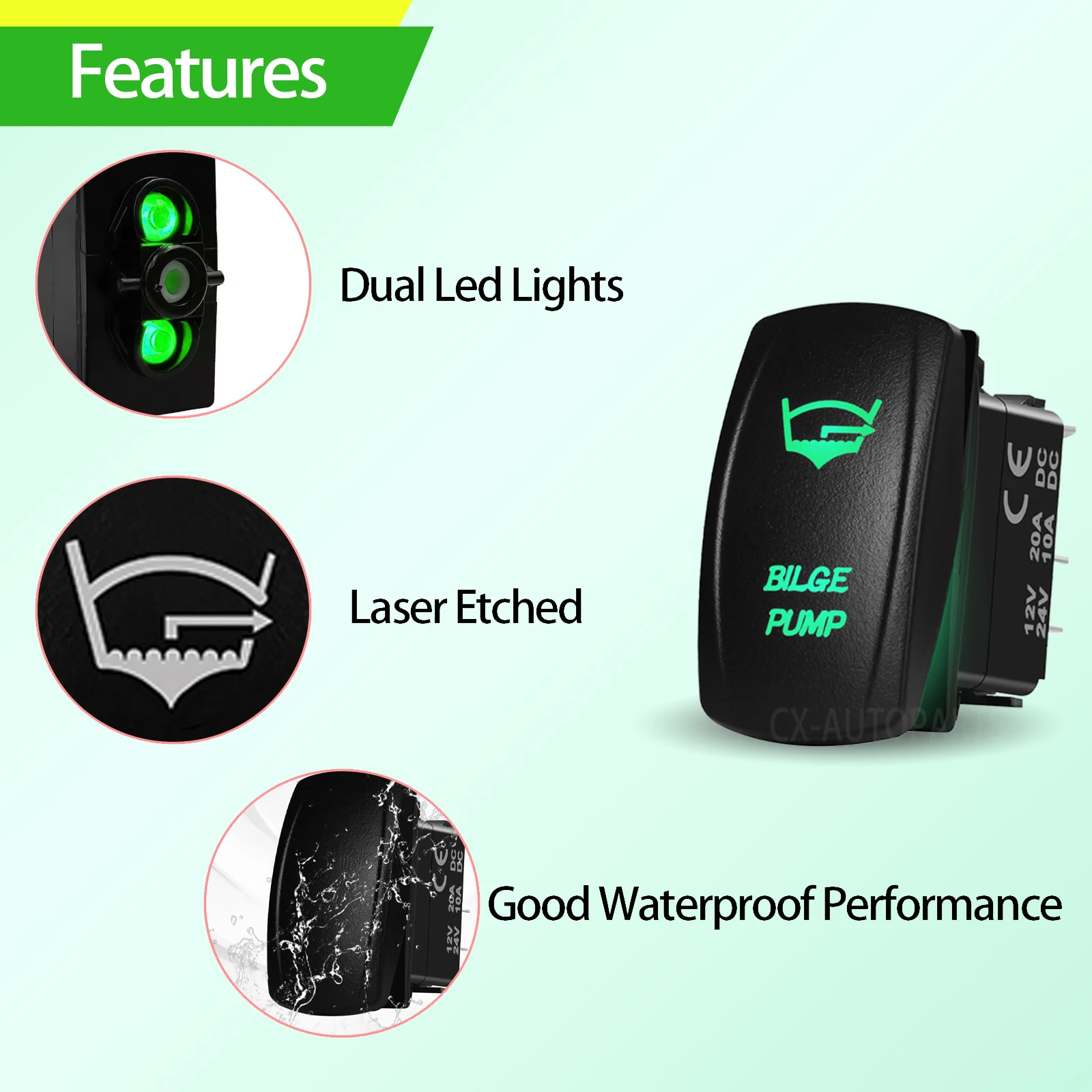 Marine Grade Rocker Switch 12V 20A Waterproof IP66 SPST / DPDT Green LED with Harness for Boat Trim-Tabs Yacht Fishing Live Well