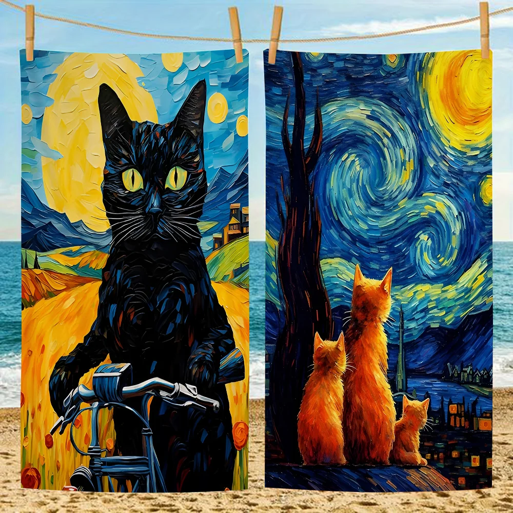 Van Gogh The Starry Night Romantic Black Cat Beach Towel For Kids Personalized Bath Towel Pool Towel Vacation Gift Picnic Towe