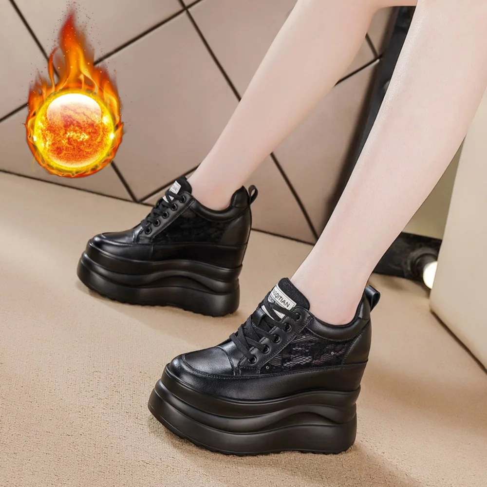 Zapatillas de deporte informales para mujer, zapatos informales con cordones y cuña, suela gruesa, tacón interior que aumenta la altura, primavera y otoño