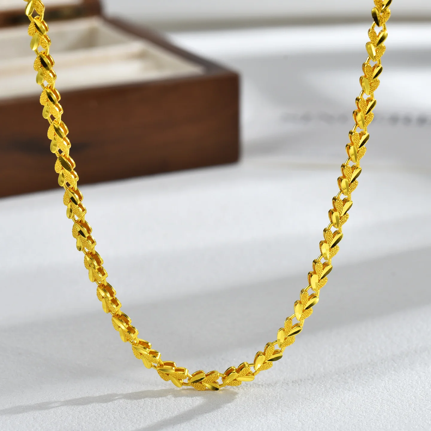 Luxury 24K 9999 Pure Gold real gold Women's matte smooth wheat love necklace