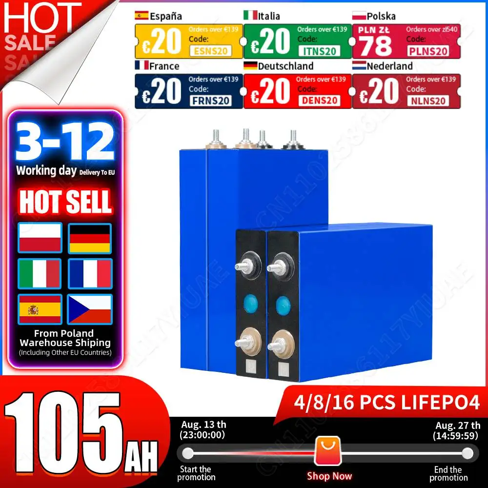 Image of 105AH LiFePO4 Akku 3.2V Klasse A Brandneue Wiederaufladbare Zelle 6000+ Zyklen EU-Lagerbestand DIY 12V 24V 48V Für Solar-Akkupacks