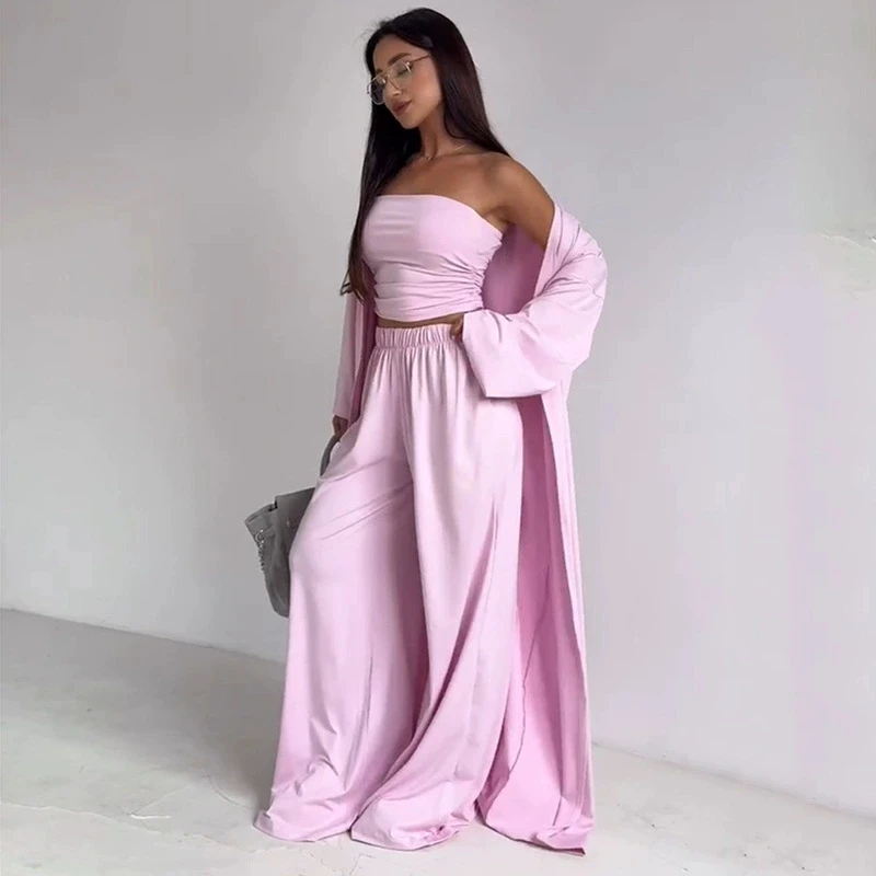 Pants Sets Women Solid Color Loose Long Cardigan Coat Tube Top High Waist Wide Leg Trousers Three Piece Set Casual Lady Suits