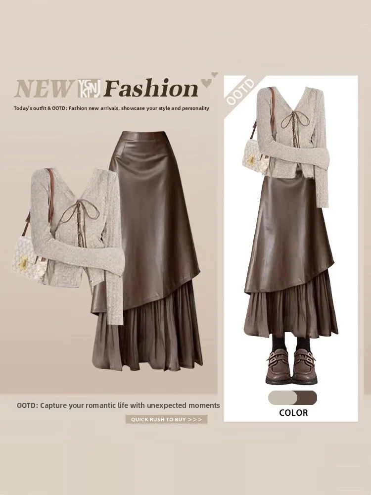 

Slim Fit Long Sleeve T-Shirt Women's Fashionable V-Neck Belted Top Spring Splicing Coffee Color Half Skirt Two-Piece Set