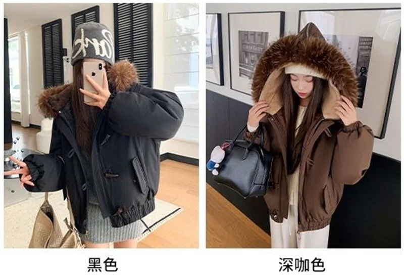 Warm Down jacket Ladies Pai Overcome Winter 2026 New Cotton Padded Coat Women Parkas Horn Hooded Outcoat Big fur collar Overcoat