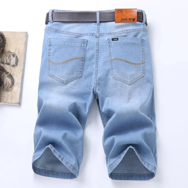 

Pop Summer Classic Shorts Jeans Men Denim Pants Straight Stretch Casual Cool Thin Knee Length Sky Blue Fashion Brand Daily Trous