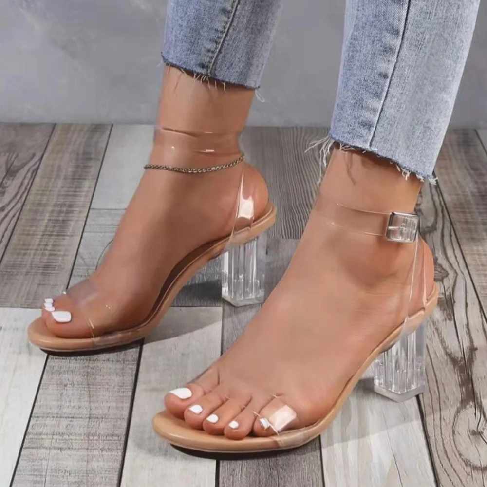 Sandalias transparentes de tacón grueso de cristal de gelatina de PVC para Mujer, Sandalias sexis de tacón alto a la moda para verano, Zapatillas de tacón para Mujer