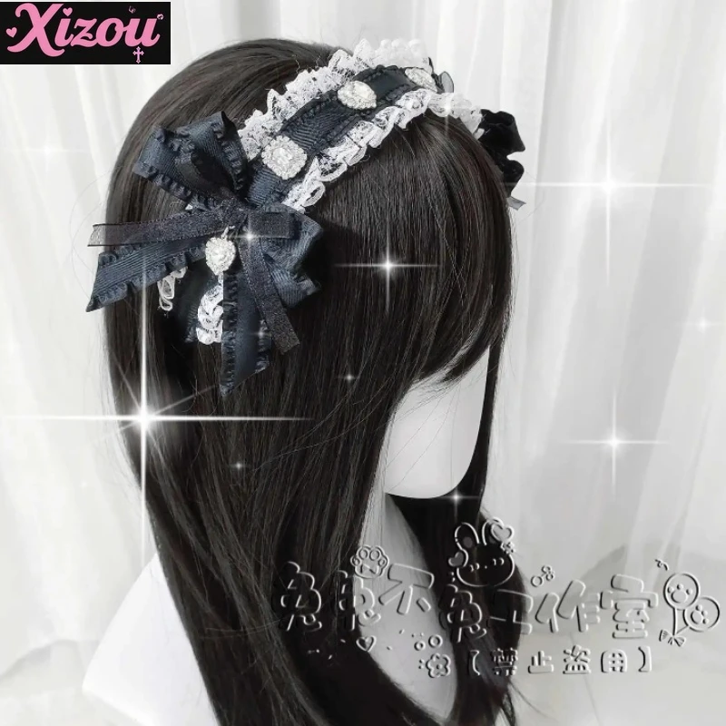 

Japanese Original Handmade Mine Series Mass Production Love Rhinestone Bow Lace Headband Subculture Cute Lolita Hair Accessories