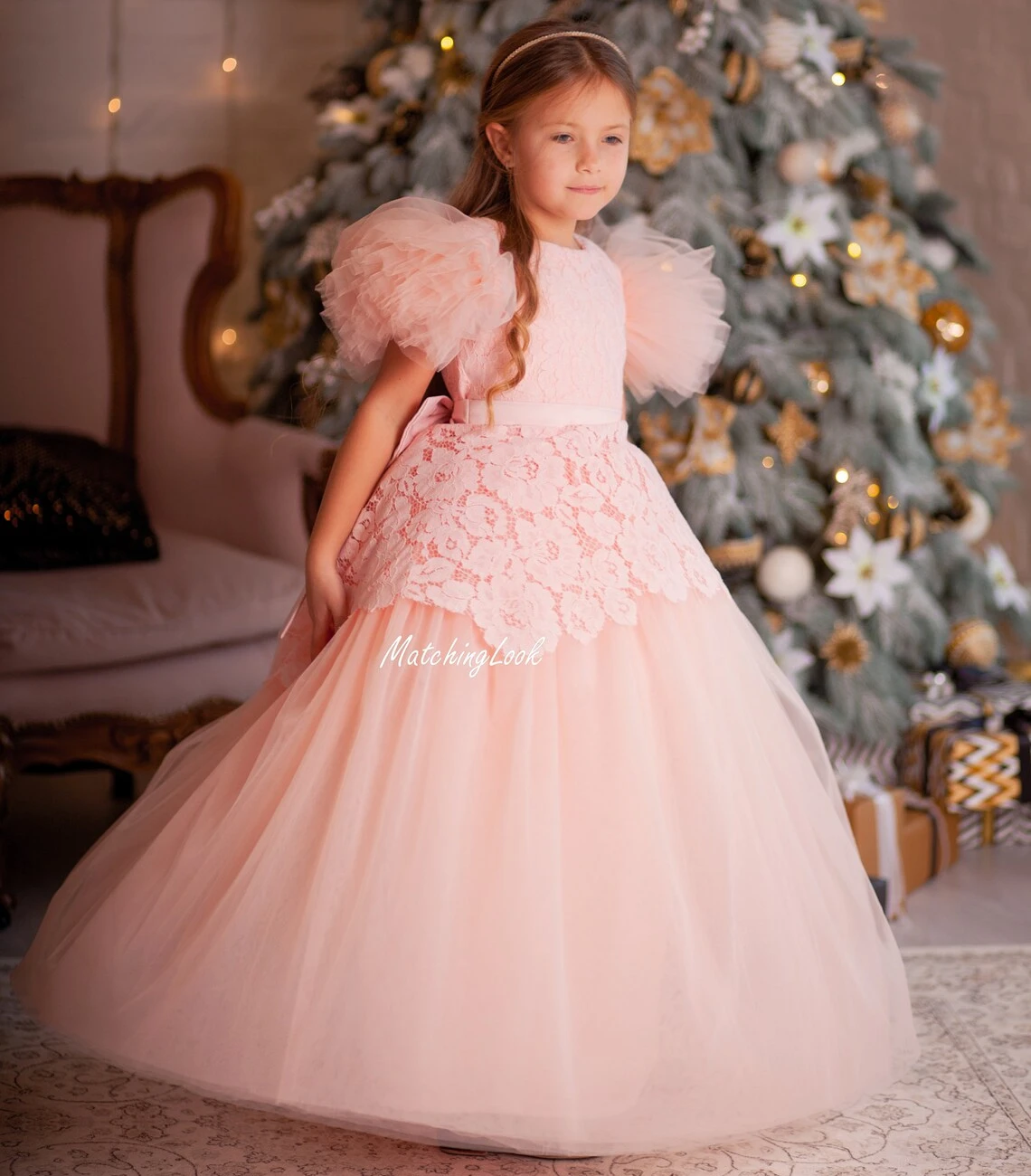 Graceful Pink Flower Girl Dresses Lace Little Girls Birthday Party Gowns with Bow Tiered Ruffles Children Photography Dresses