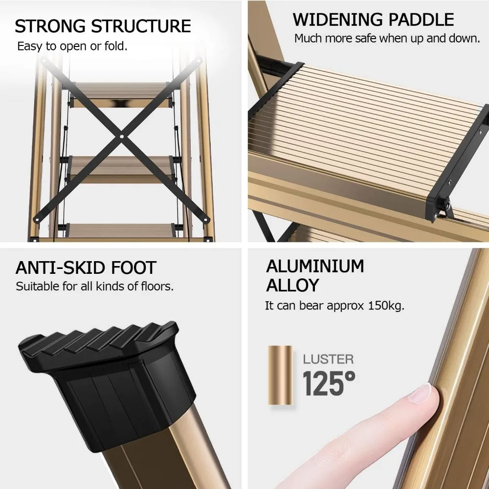سلم قابل للطي من الألومنيوم خفيف الوزن بأربعة خطوات مع مشطات مضادة للانزلاق وخطوات واسعة لسلامة المطبخ المنزلي والراحة #6