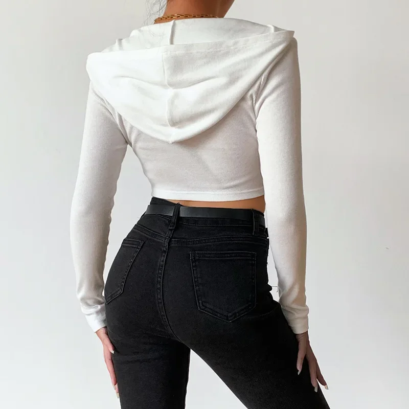 2021 Autumn and Winter Short Zipper Low-neck Cardigan Jacket European and American Pure Color Casual Hooded Sports Jacket Women