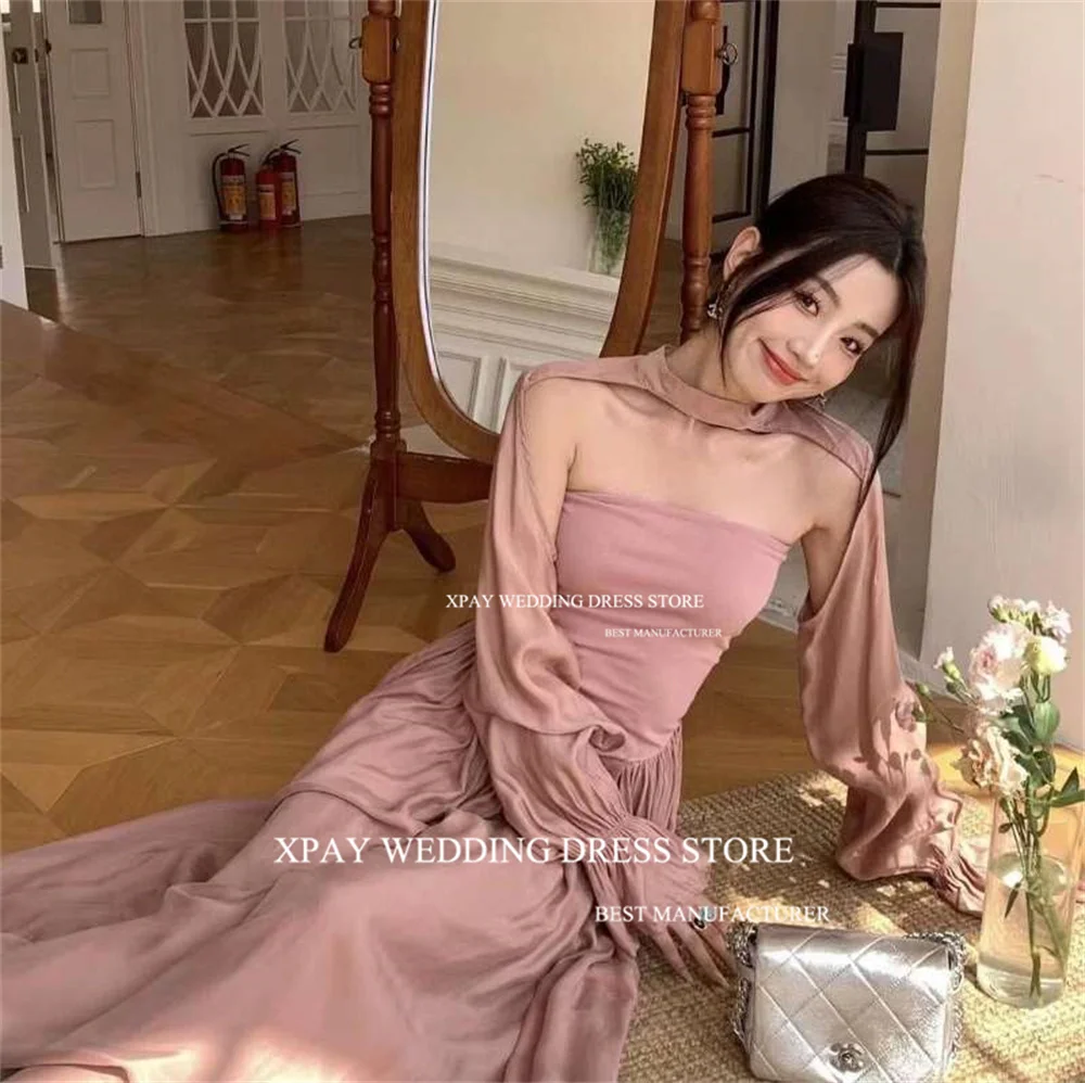 XPAY 2Pcs Strapless Black Korea Evening Dresses With Long Sleeves Cape Coat Wedding Photo Shoot Sexy Pleat Formal Occasion Dress