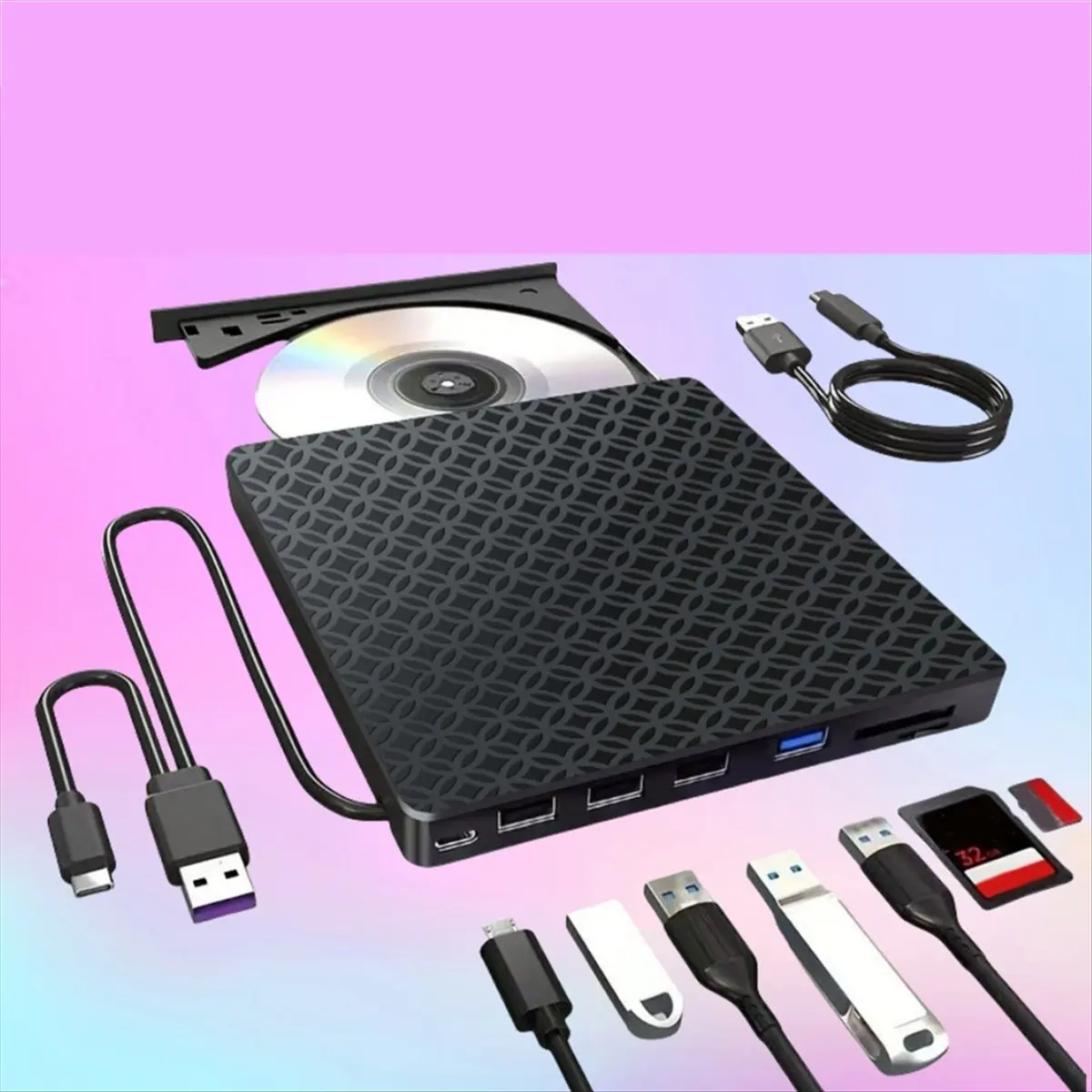 HAPPYDAY~ Multifunctional External CD/DVD Drive Burner Black with SD/TF & USB3.0 Slots Optical Drive for PC Laptop