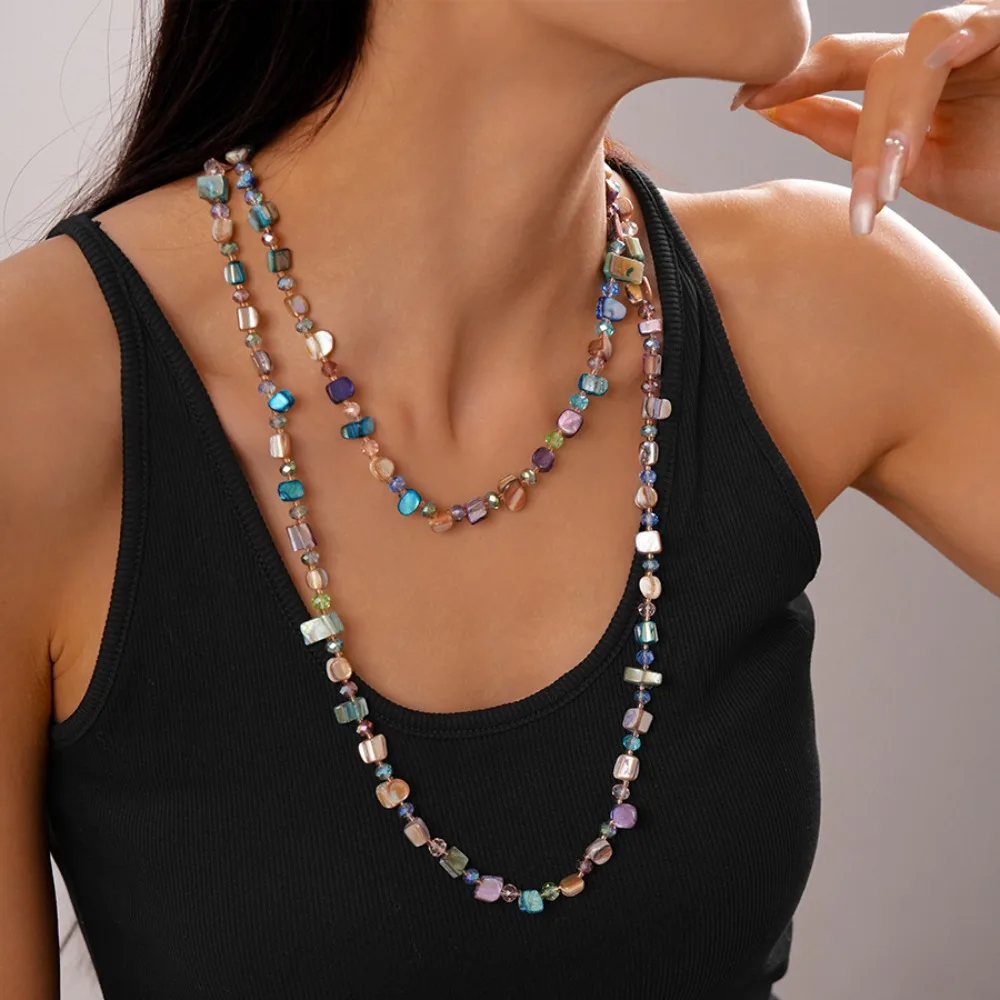 Coconut Shell Long Beaded Necklace Colorful Irregular Beaded Vintage Necklace Coated Reflective Glass Beads Chunky