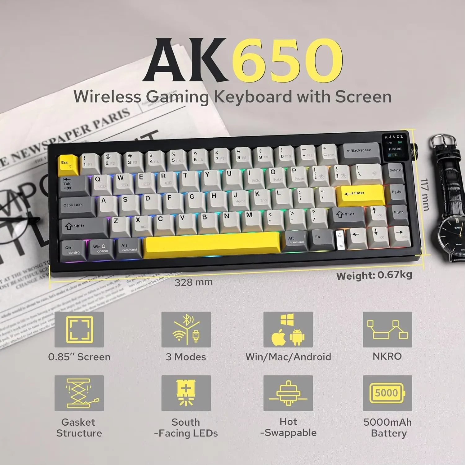 

AJAZZ AK650 Mechanical Keyboard - Multi-Switch (Red/Moonlight/Sea Salt/Daydream) - RGB/Single-Color - Wired Customizable