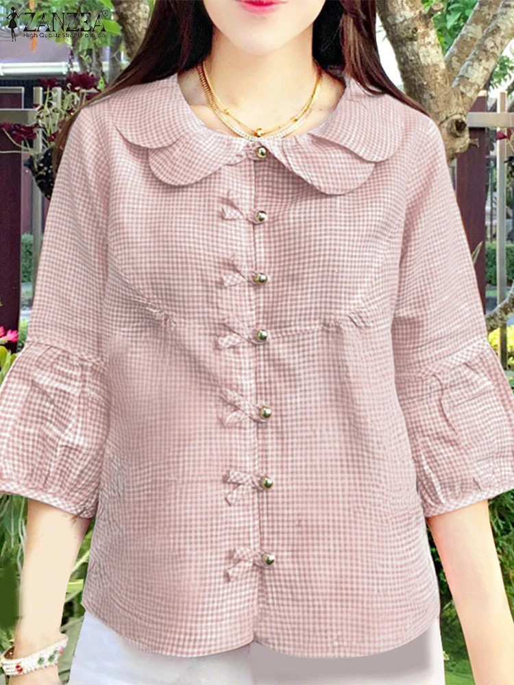 

ZANZEA Women Tops Vintage Print Plaid Shirts 2025 Casual Lapel Neck 3/4 Sleeve Tunic Loose Summer Bow Buttons Tops Oversized