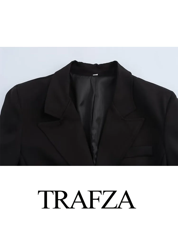 TRAFZA Vrouw Retro Single Breasted Pocket Versieren Outerwears Damesmode Zwarte Lange Jas Herfst Revers Lange Mouw Jas