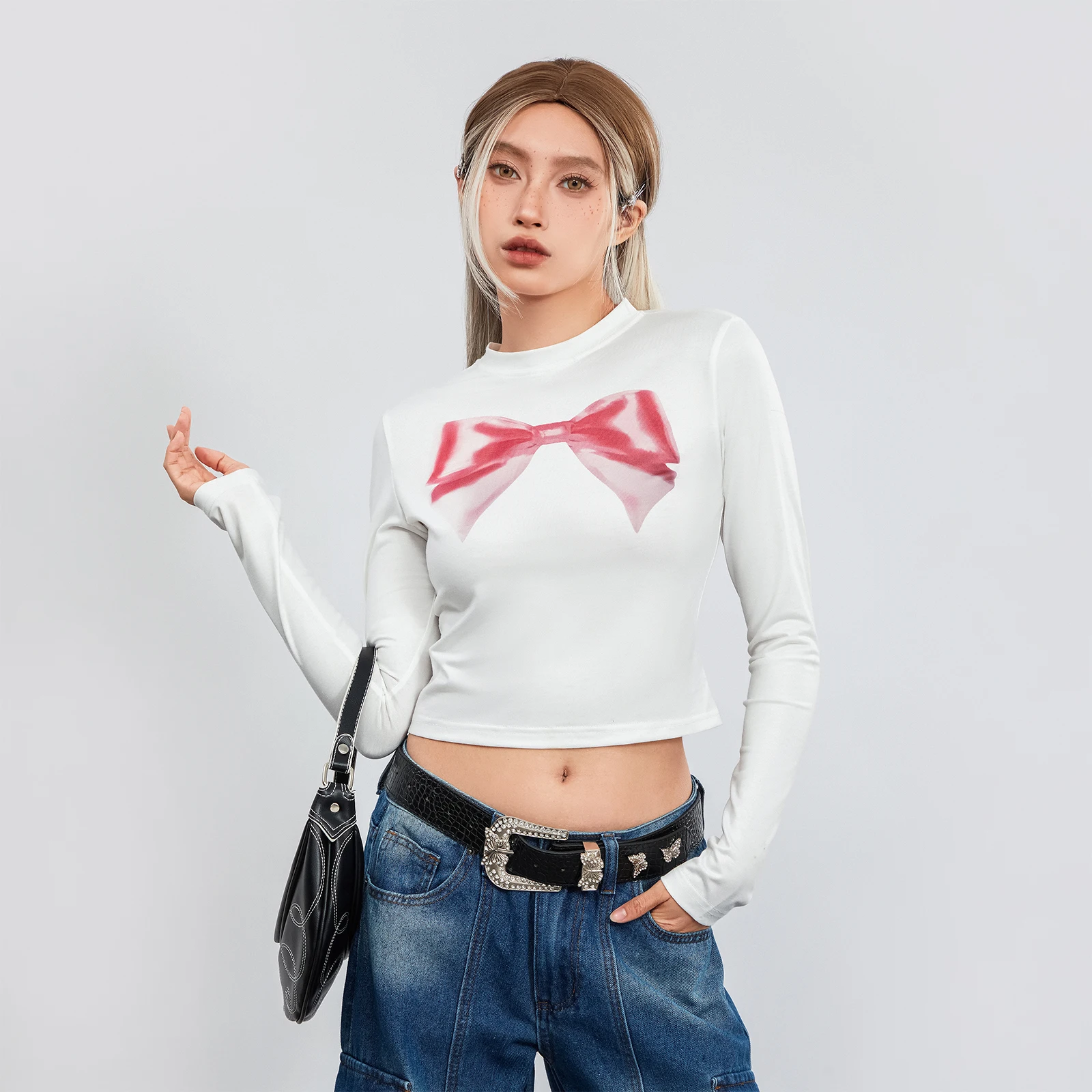 

Women's Crop Tops Tight Fitted Round Neck Long Sleeve Bow Print Showing Navel Short Tops Basic T-shirts for Spring Fall