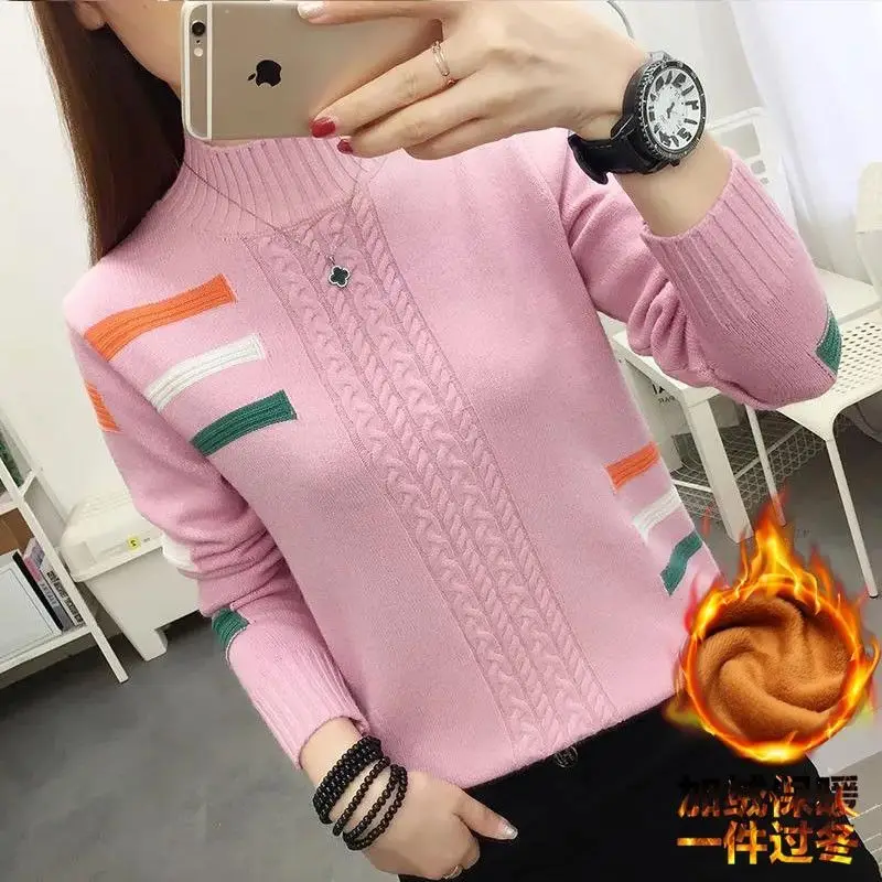 Autumn and Winter Women's Half High Collar Long Sleeve Screw Thread Loose Sweaters Jumpers Fashion Casual Office Lady Tops