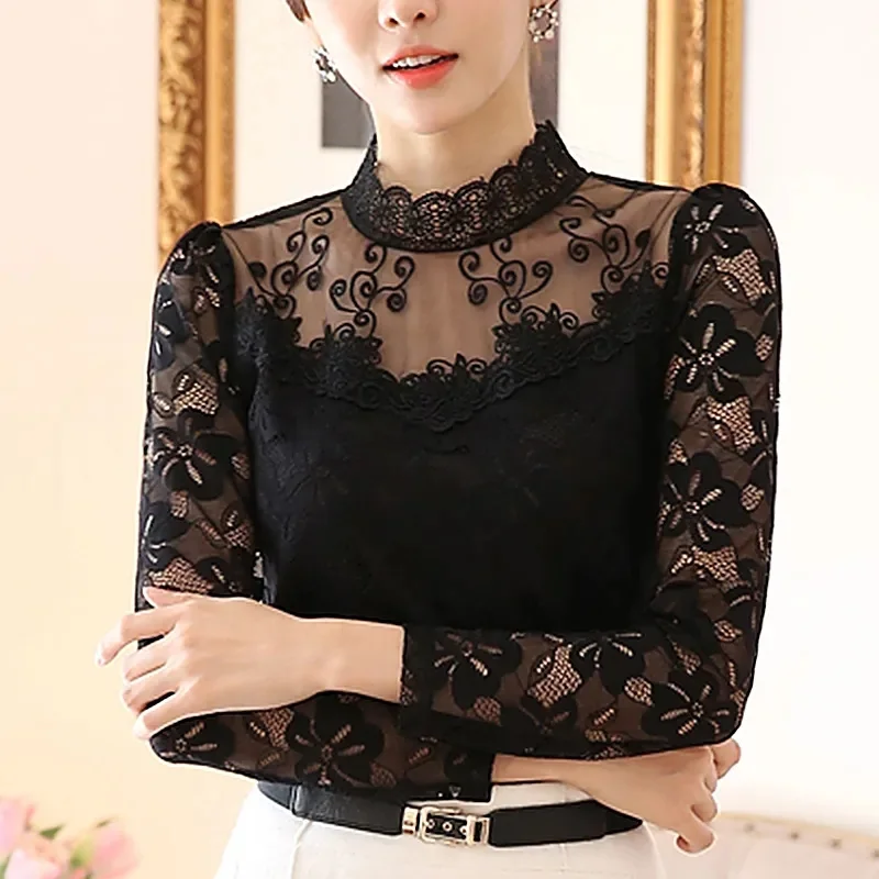 Women\'s Lace Tees Long Sleeve Bottoming Shirts Fleece Warm Underwear Hollow Mesh Stand-up Collar Tops Lady Slim Chiffon Blouses