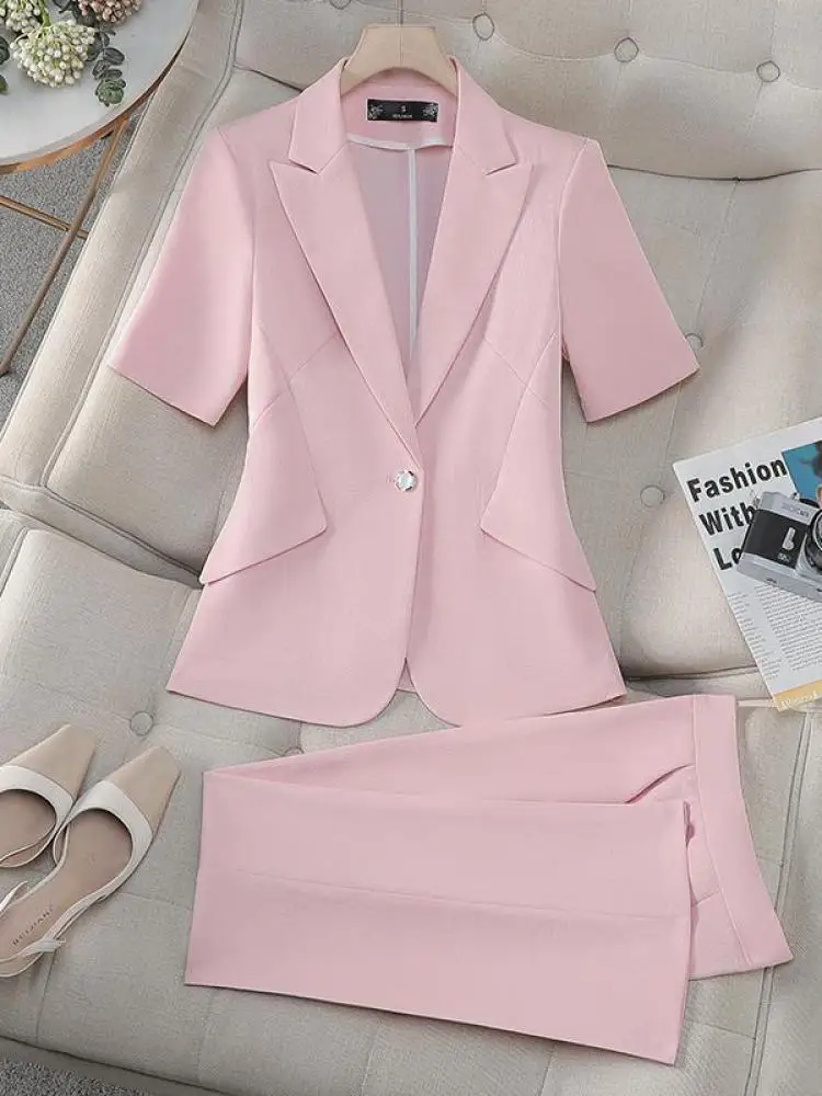 

Retro Women 2025 Solid Short Sleeve Work Business Blazer Tops And High Waist Wide Leg Pant Suit Two Piece Set Summer New Fashion