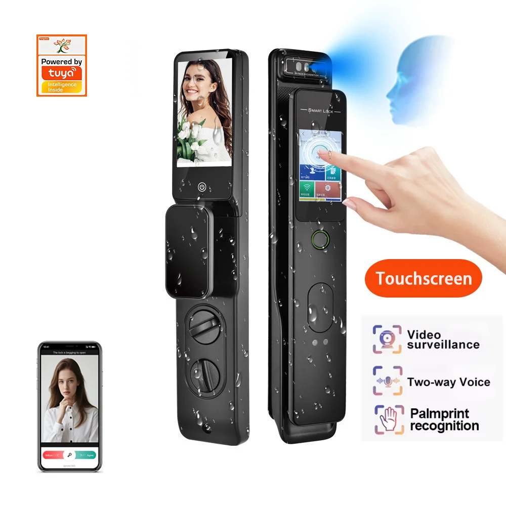 Touchscreen Facial Unlock Palm Recognition Digital Combination Lock Memory Card Wi-Fi Enabled Tuya App IP65 Waterproof Wood