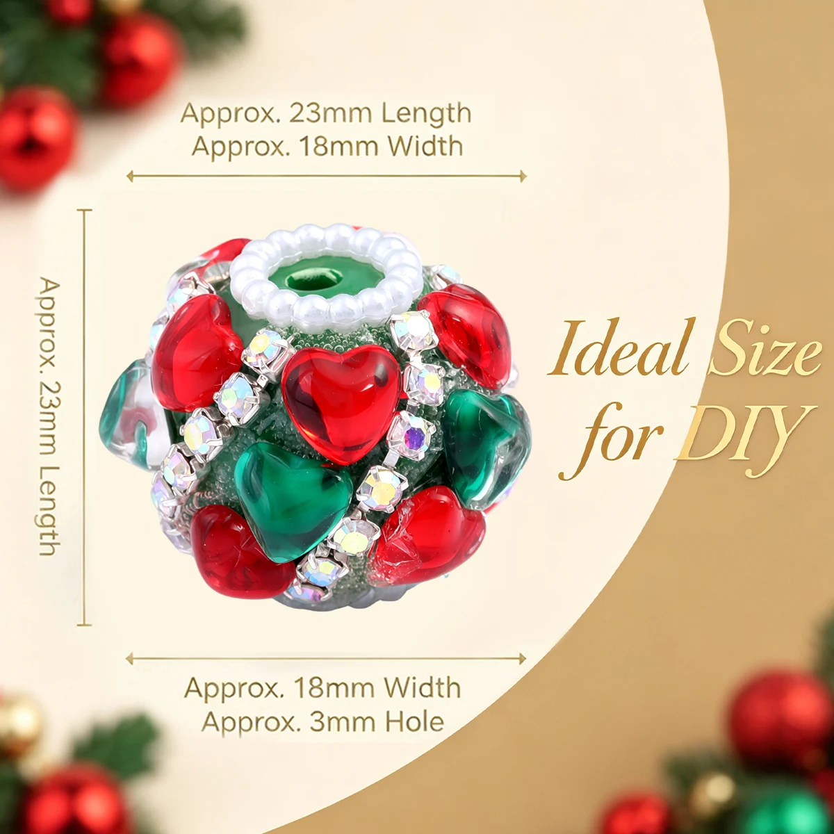 18x23mm Acrylic Christmas Large Hole Beads Green Base Inlaid Heart Rhinestone Spacer Beads for DIY Bracelet Pen Jewelry Marking