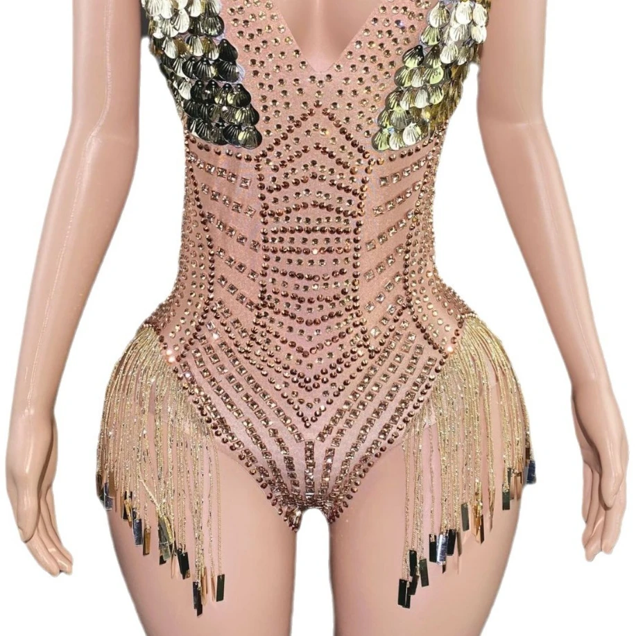 Glamorous Diamond Tassel Birthday Party Dress Stage Performance Costume Sexy Slim Dance Shell Outfit Crystal Embellished Dresses