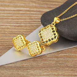 Nidin New Arrival Luxury Gold Plated Zircon Jewelry Sets Necklace Earrings Women Exquisite Crystal Pendant Chain Jewelry Gift