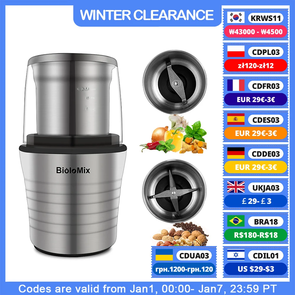 BioloMix 2-in-1 Wet and Dry Double Cups 300W Electric Spices and Coffee Bean Grinder Stainless Steel Body and Miller Blades