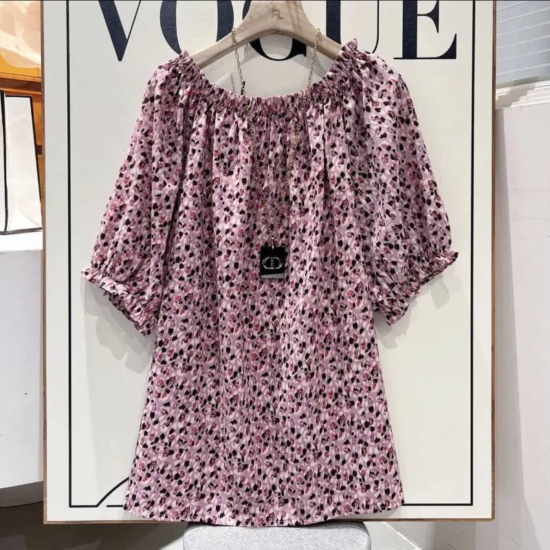 Oversize Versatile Temperament Women\'s Clothing 2023 Summer New Fashion Print One Line Neck Simplicity Commuter Pullover Shirt