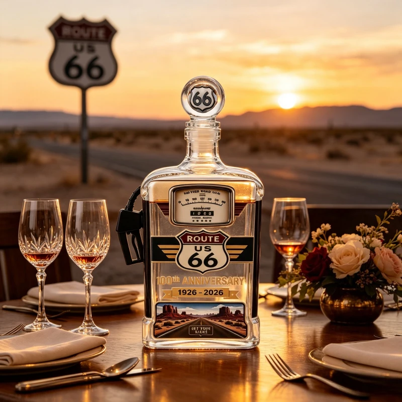 Vintage Route 66 Glass Whiskey Decanter Retro Gas Pump Shape Sticker Craft Liquor Bottle for Home Bar Decoration