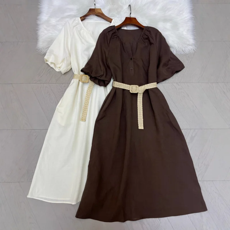 

2025Summer New Fashion Versatile Round Neck Puff Sleeve Belted Solid Color Dress