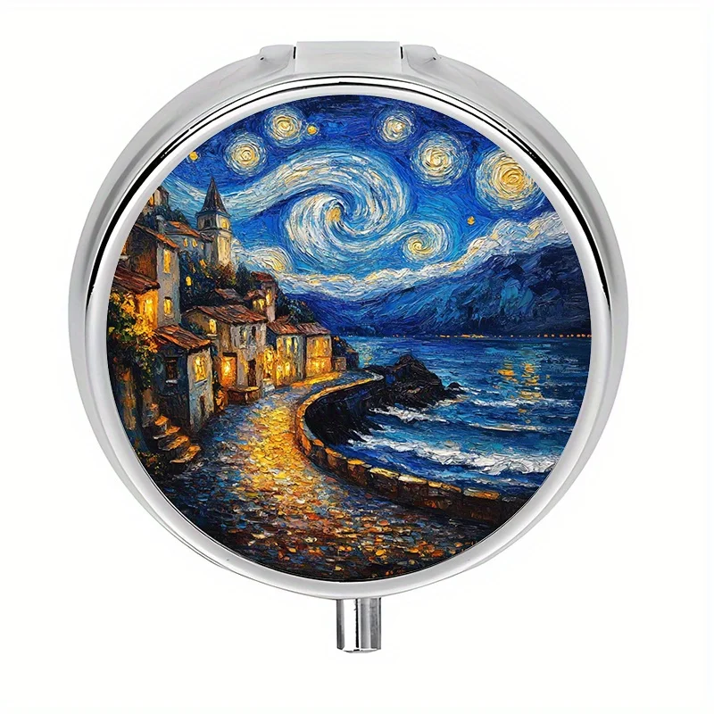 1 pill box, 3 compartments, starry night sea view, coastal town at night, mini pill box, medication storage box, unique travel gift