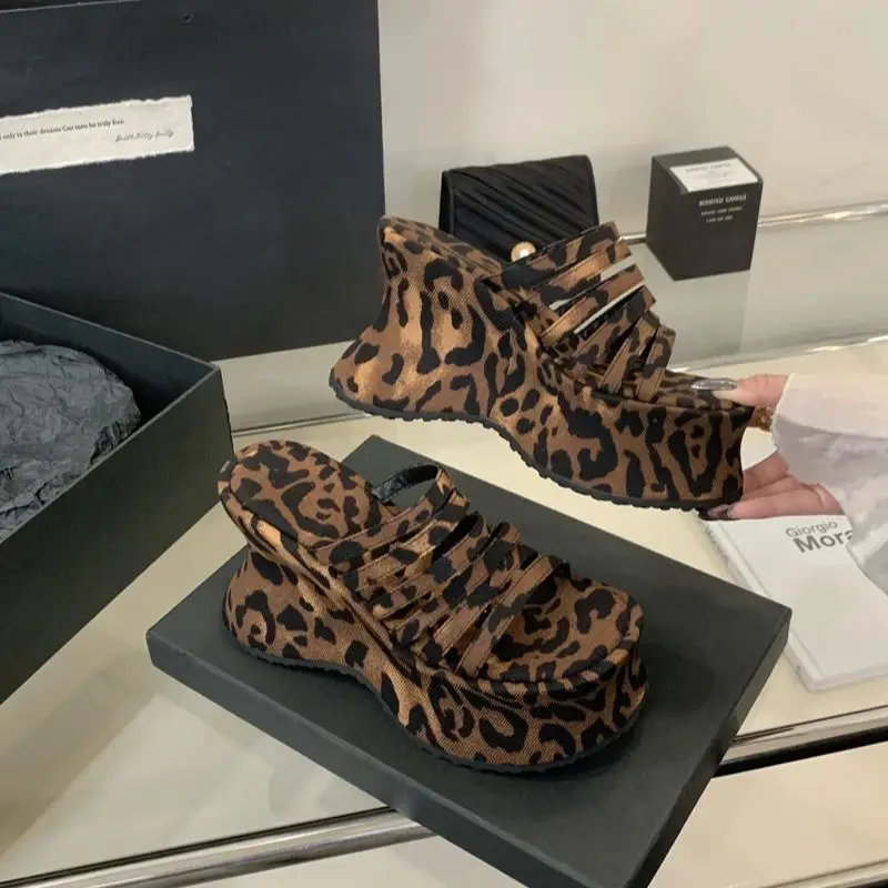 11CM Chunky Heeled Slippers 6cm Platform Sandals Woman Leopard Bow Beach Shoes Summer Belt Wedge Heels Sandalen Damen
