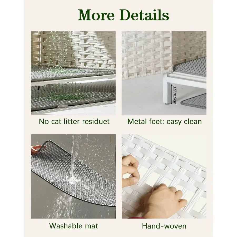 علبة نفايات كبيرة للقطط من الروطان لقطتين بتصميم مخفي وغرفة مزدوجة وباب 47.3 لتر × 19.7 عرض × 24 ساعة تتضمن حصيرة و