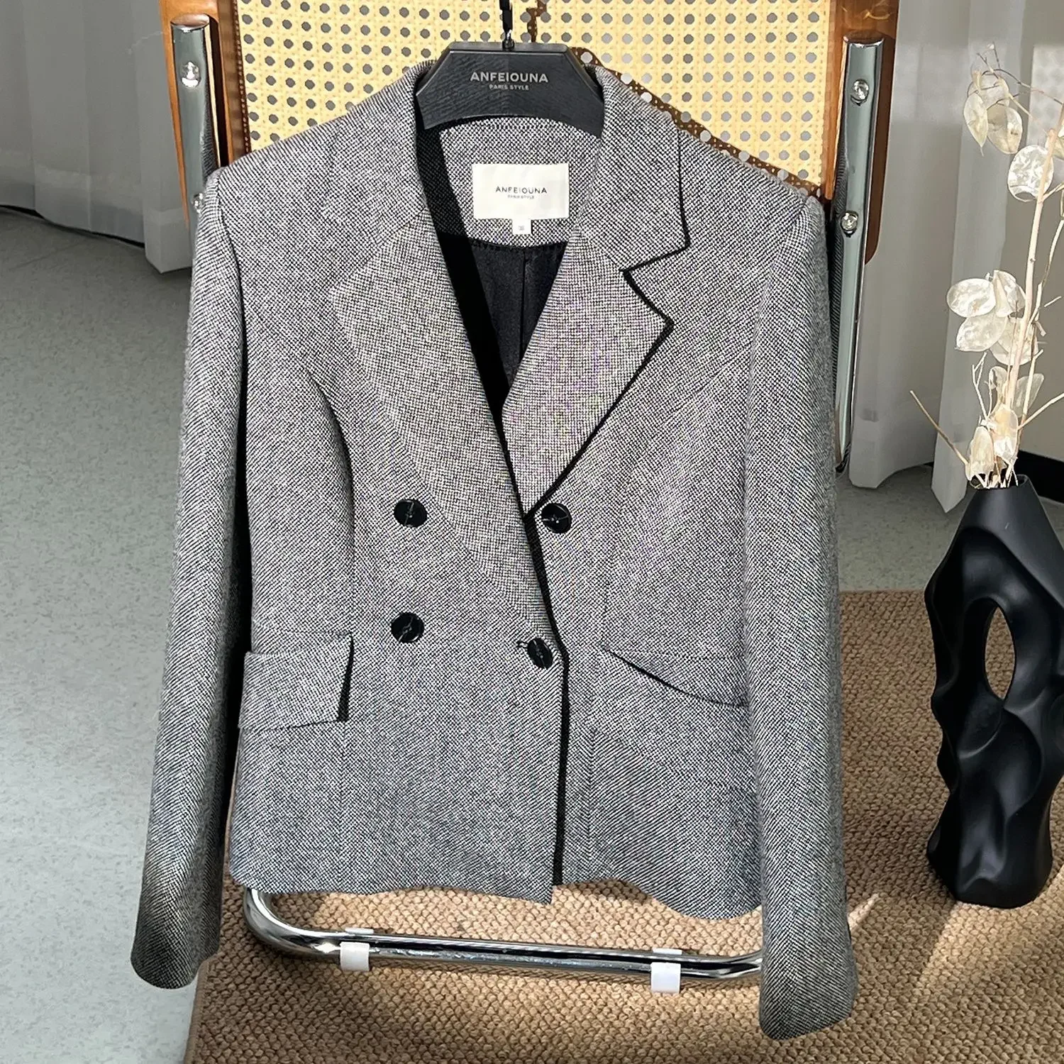 Women's Grey Wool Blend Blazer, Double-Breasted, Slim-fitting Design, Pocket, Office Lady Coat, New, 2024