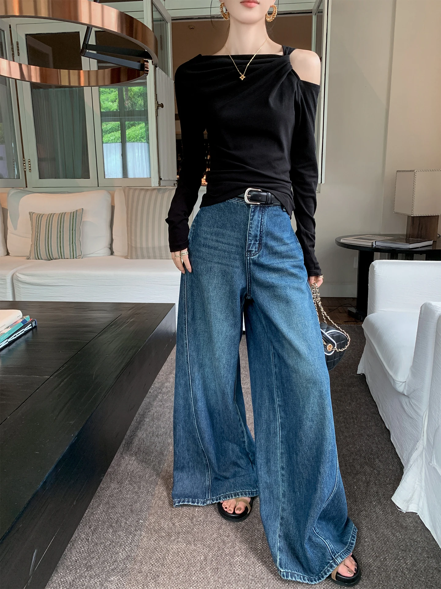 

Свободный крой с высокой талией, повседневные синие джинсовые джинсы с талией, женские осенние широкие брюки, удобные хлопковые брюки в стиле ретро