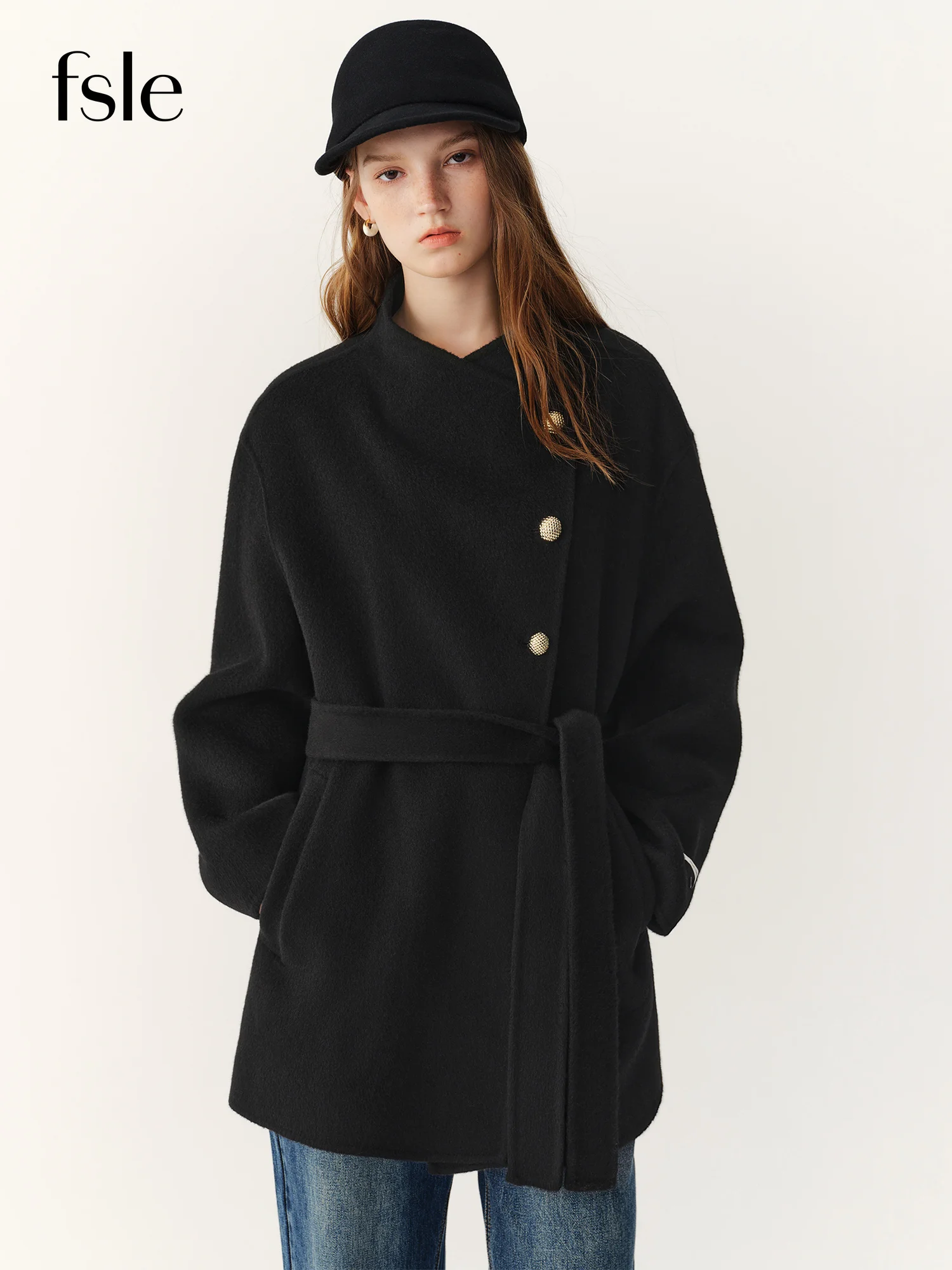 FSLE 2026 Winter Women's Chic Versatile Cropped Stand Collar Pure Wool Coat - Elegant Luxurious Outerwear for Everyday Wear