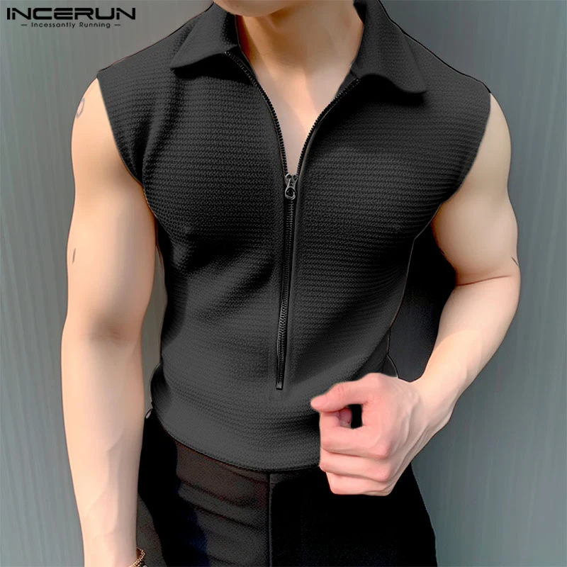 Stylish Casual Style Tops INCERUN New Men Zipper Design T-shirts Streetwear Male Solid All-match Lapel Sleeveless Camiseta S-5XL