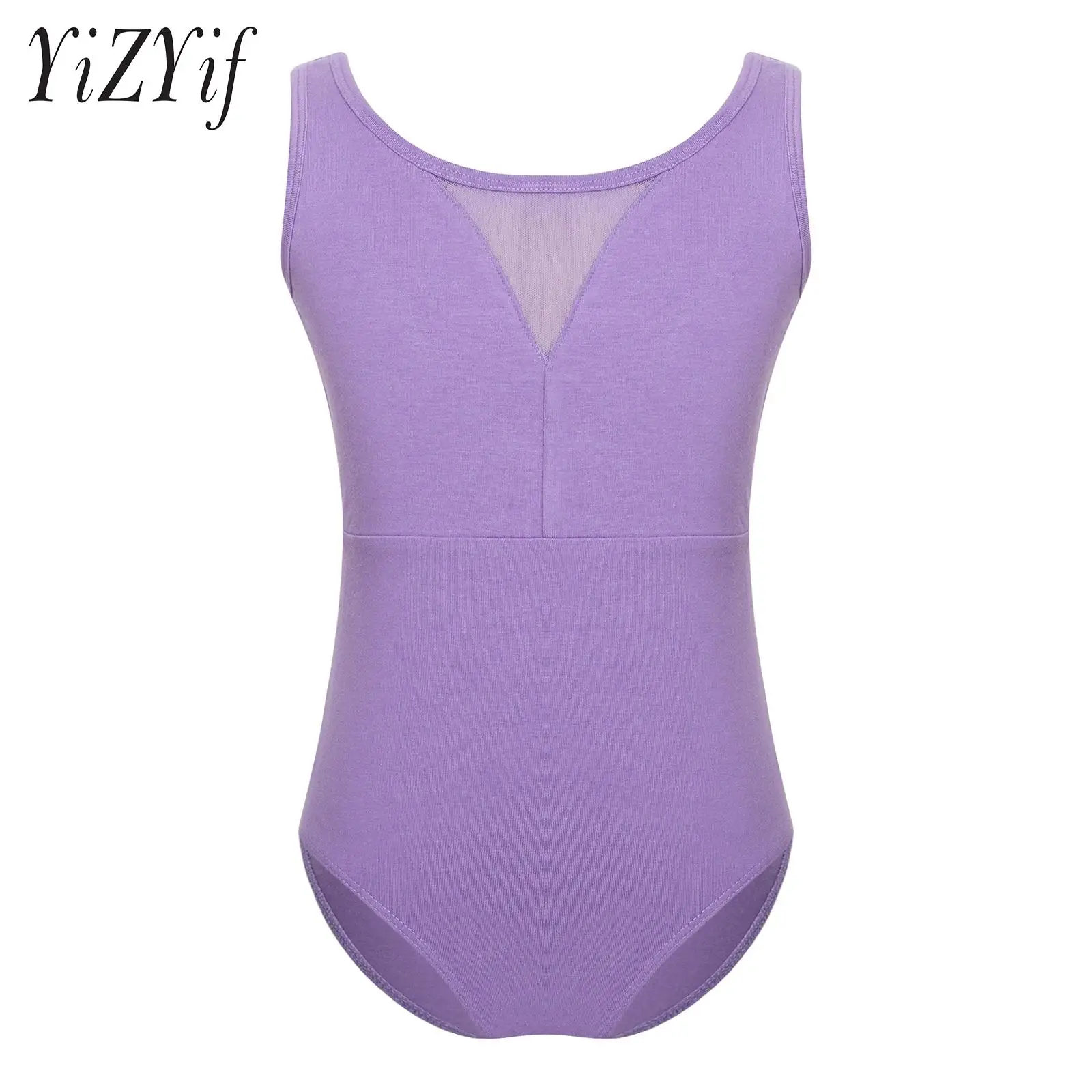 

Kids Girls Sheer Mesh Patchwork V-Back Ballet Leotard Dance Gymnastic Training Performance Costume Sleeveless Bodysuit Dancewear