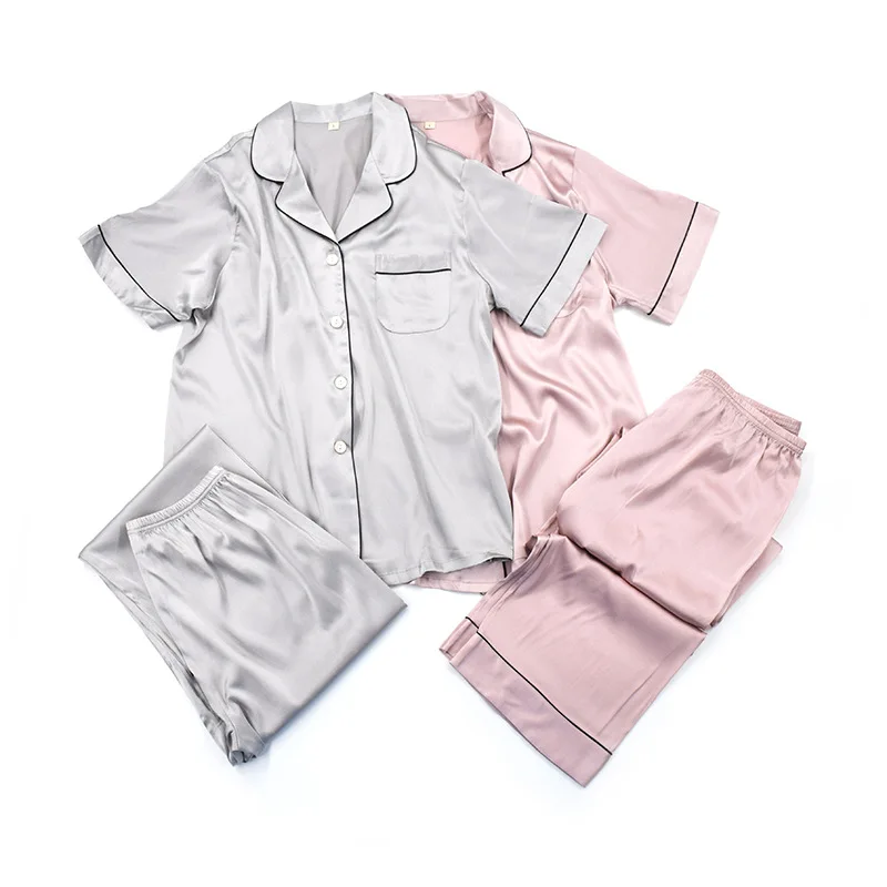 Women's Short Sleeve Classic Satin Pajama Set Button-Down Ladies Pajamas Sets Solid Luxury Two Pieces Sleepwear