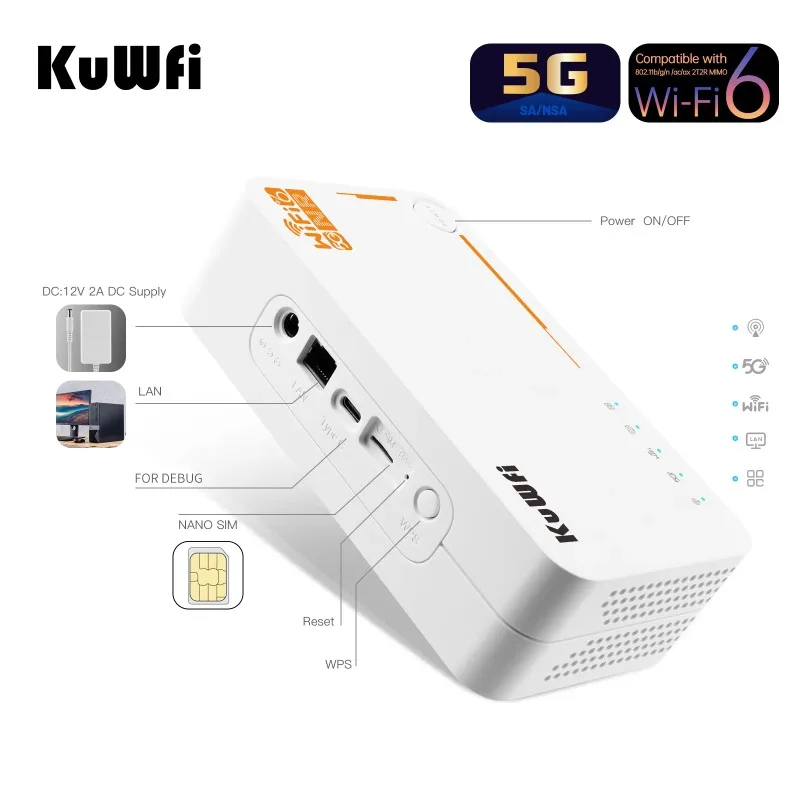 KuWFi WiFi 6 2.5Gbps 4000mAh Waterproof Outdoor 5G CPE Router 32 Users Capacity with Sim Card Integration