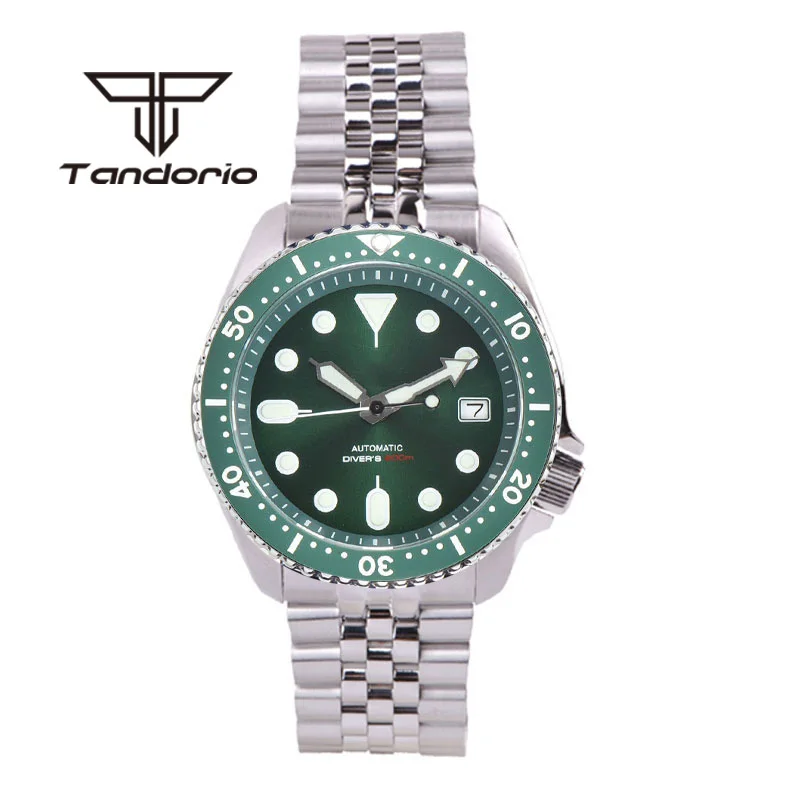 Tandorio 41mm skx007 NH35A 20bar Automatic Dive Watch for Men Bracelet 3.8 Crown Sapphire Crystal Green Luminous Date