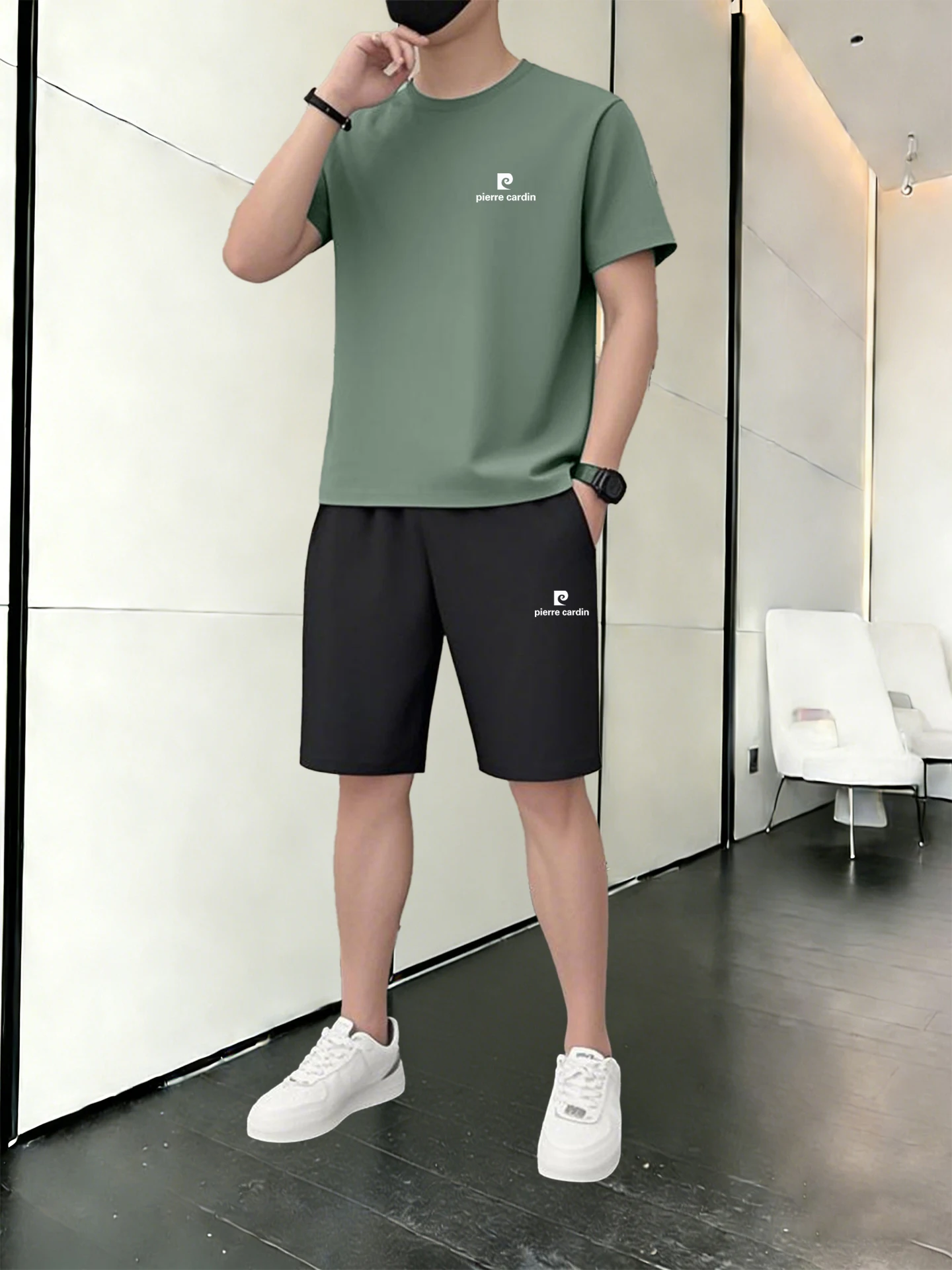 

Pierre Cardin Summer Ice Silk Quick Dry Sports Set Men's Breathable Loose Casual Running Five-Quarter Pants T-Shirt Ensemble