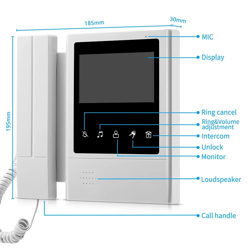 4.3 Inch Doorbell Video Camera Wired 4 wire setup Touch Monitor Intercom Waterproof IR Night 700TVL Vision For Home Surveillance